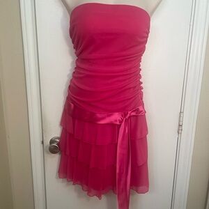 Strapless Hot Pink Tiered Ruffle Dress With Sheer Wrap